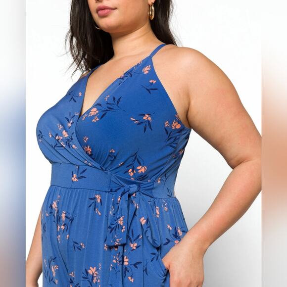 Kaileigh Rica Sleeveless Floral Midi Length Jumpsuit Boho Garden Girl Blue 2X - Picture 4 of 15